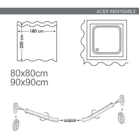 Barre tringle pour rideau de douche Incurvée à fixer en Alu Chromé 80x80cm MSV