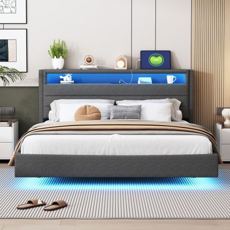 Polsterbett mit USB-Steckdose und LED-Licht, wendbares Kopfteil, verdecktes Fußteil, Doppelflachbett, Jugendbett, Erwachsenenbett, Leinenstoff