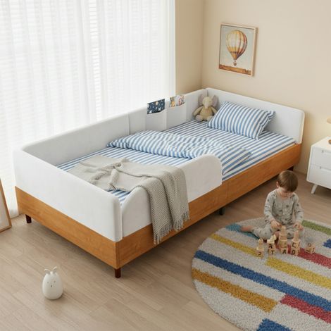 Lit 1 place capitonné – Velours/bois – 2 poches – Mousse anti-choc – Blanc – 90x200cm – Chambre enfant (1/5)