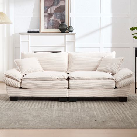 Canapé 2 Places 224x81cm - Tissu Velours Beige - Assise Ultra-Profonde (56cm) - Structure Bois Massif - Capacité 250kg - Design Moderne (1/5)