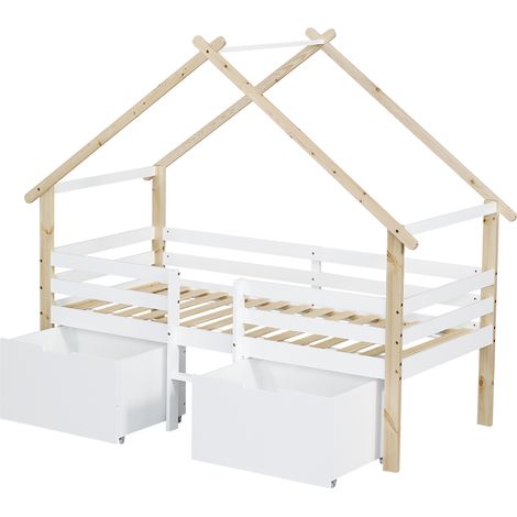Cama cabaña infantil semialta 90 x 200 cm con techo, escalera y 2 almacenajes (1/5)