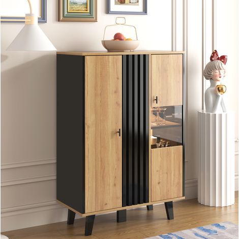 Credenza vetrina con porta in vetro e LED, 80 x 120 x 40 cm, nero e legno HAVRYA (1/5)