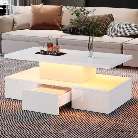 Tavolino rettangolare 100x50x39 cm con LED, 1 cassetto e ripiano aperto, finitura bianca lucida (1/5)