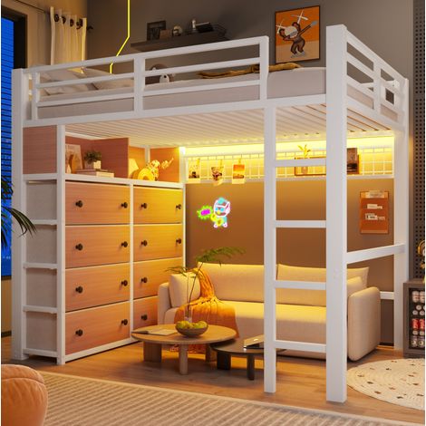 Letto a soppalco 140 x 200 cm con 8 cassetti, LED, ripiani e pannello forato, bianco DESVIAE (1/5)