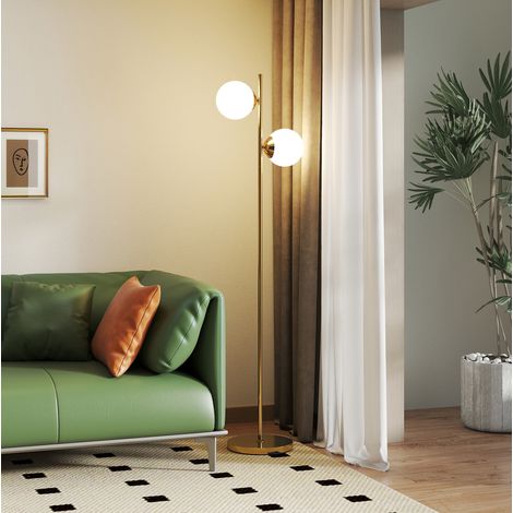 Stehlampe mit 2 Lichtpunkten aus Glas, 165 cm, Stahl und Glas, Gold und Weiß HAVRYA (1/5)