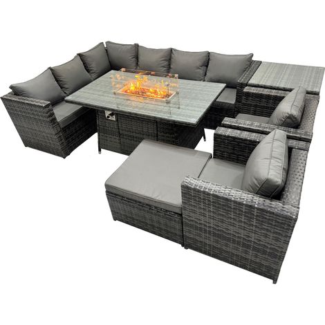 Fimous Rattan Garden Furniture Dining Set 9-seater Gas Firepit Dining Table Corner Sofa Set with Big Stool Side Table Dark Grey Mixed (1/5)
