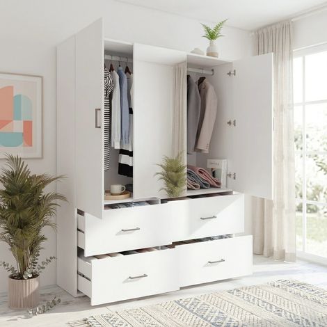 Armadio bianco moderno 130x52x181,5 cm con grande specchio e luci LED - Guardaroba con 2 ante a battente, 4 cassetti e bastone appendiabiti