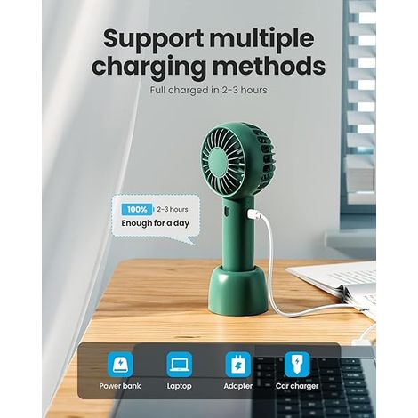 Ventilateur électrique portable vert pour maison, batterie rechargeable à refroidissement solide, petit appareil de bureau, usage domestique, faible bruit, 2 vitesses, sans fil. (1/5)
