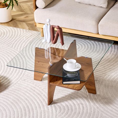 Table basse carrée 80 cm en verre de sécurité, pieds MDF aspect bois noyer pour salon et bureau (1/5)
