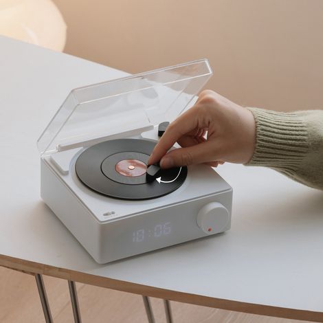 Platine vinyle avec haut-parleur Bluetooth, 3 modes, son stéréo HiFi, portable et sans fil, avec réveil pour chambre (blanc). (1/4)