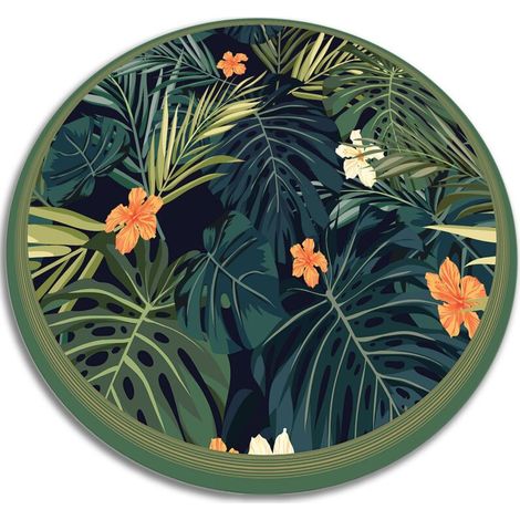 Tapis de Cuisine en Vinyle Rond PVC - Feuilles tropicales - ⌀fi60 cm (1/5)