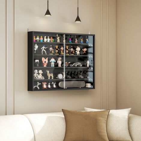 Vetrina a muro per oggetti da collezione, con 5 ripiani regolabili in altezza e 2 ante scorrevoli, 80 x 9,5 x 60 cm, nera.