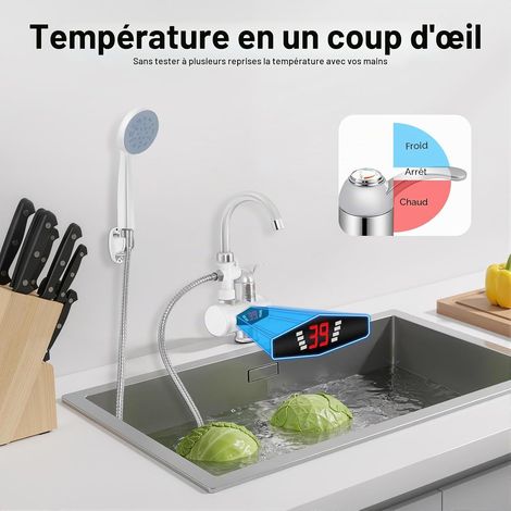 Robinet de chauffe-eau électrique, avec douche, eau chaude, pour baignoire et cuisine, pivotant à 360°, avec pommeau de douche et affichage LCD de la température, chauffe-eau instantané (1/5)