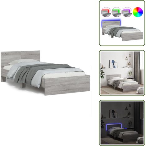 Bettgestell mit Kopfteil und LED-Leuchten Grau Sonoma 100x200cm - Bettsystem - Doppelbett - Holzrahmen - LED Beleuchtung - Kopfendeckchen (1/5)