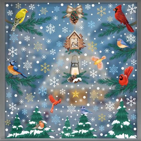 images de décorations de fenêtres, autocollants de fenêtre avec cardinaux de Noël et couronnes de Noël, film pour fenêtre avec oiseau rouge et flocons de neige, décorations de Noël (1/2)