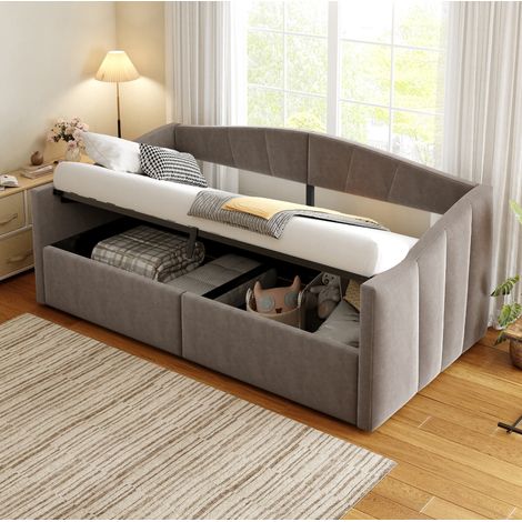 Lit banquette 90 x 200 cm en velours gris avec rangement hydraulique et accoudoirs (1/5)
