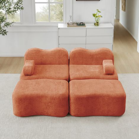 Canapé modulaire 192x167x70 cm orange en velours avec 2 ottomans et coussins d'accoudoir mobiles (1/5)