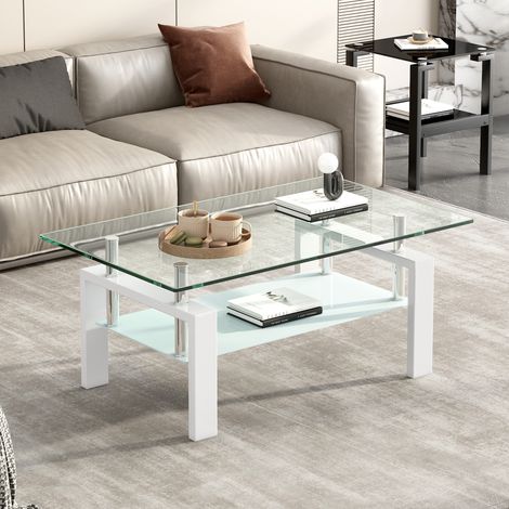 Tavolino da Salotto Rettangolare Moderno a 2 Ripiani in Vetro Temperato, Struttura in Metallo, per Soggiorno, Bianco, 100 × 60 × 44 cm (1/5)