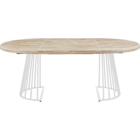 Pegane – Table à manger ronde extensible en bois de chêne nordique – Pieds en métal blanc – Longueur 120-200 cm – Hauteur 76 cm (1/4)