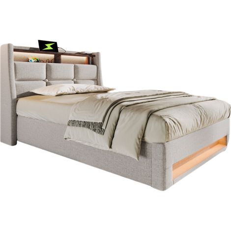 Einzelbett 90x200 cm aus Leinen mit LED, USB, Bettkasten und Ablage, Matratze, Beige (1/5)