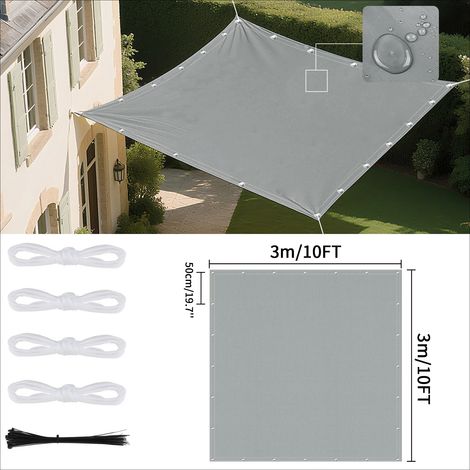(Gris clair 3x3M) Voile d'ombrage imperméable avec œillets, adaptée aux jardins et terrasses extérieures. (1/5)