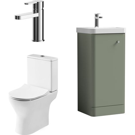 Balterley Flashbrook Contemporary Floor Standing 1 Door Bathroom Vanity Unit, Basin, Tap & Toilet Pack, Satin Green, 379mm