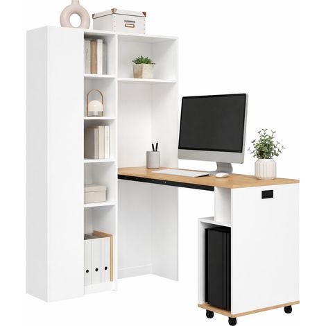 Escritorio Plegable con Estantes Ajustables, Enchufe y USB, para Estudio, MDF, Blanco, 104,5 × 30,5 × 160 cm (1/5)