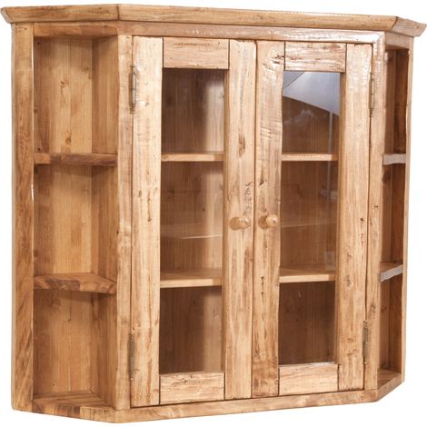 Vetrina cucina in legno 86x75x21cm Vetrinetta da parete legno 9 ripiani Pensile bagno naturale 2 ante Mobiletto bagno sospeso (1/5)
