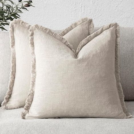 Lot de 2 Housses de Coussin Décoratives en Lin avec Franges, Taies d'Oreiller Bohème Ferme, Douces et Cosy pour Canapé, Sofa, Lit, Salon, Décoration Intérieure, 45x45 cm, Vert Olive (1/4)