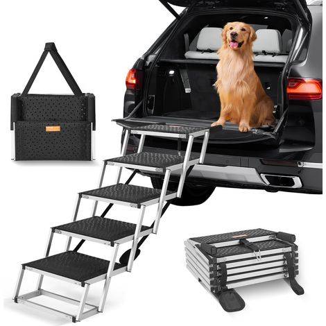 Escalier pour chien 5 marches, rampe voiture pour chiens pliable, charge 68 kg, surface antidérapante, aluminium léger, large marchepied portable pour animaux de compagnie, voiture, SUV, camion (1/5)