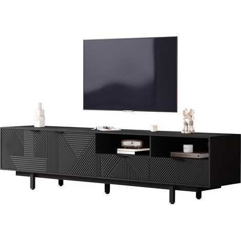Meuble TV avec 2 Portes, Niches Ouvertes et Passe-Câbles, en Panneaux de Particules, Noir, 200 x 40 x 51 cm (1/5)