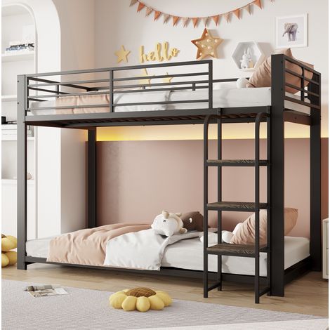 Etagenbett 90/200 cm negro con escalera de madera, barrera de seguridad y estructura metálica (1/5)