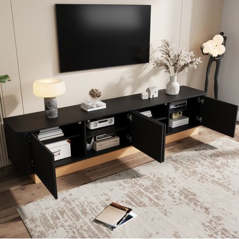 TV-Lowboard MDF Schwarz 200,0 x 40,0 x 47,5 cm, 4 Türen, geriffelte Fronten, verstellbare Fächer, Kabeldurchlässe (1/5)