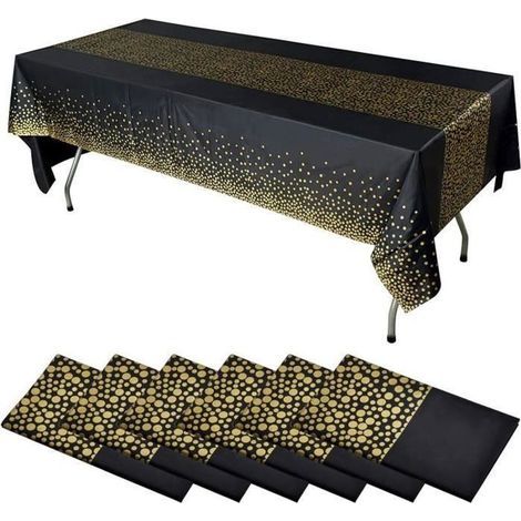 Nappe de Fête 8 pièces Noir et Or Jetable pour Table Rectangulaire - Motifs Confettis et Points Dorés - 137 x 274 cm - Noire - 8 piè
