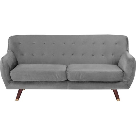 Canapé Fixe 3 Places en Velours Gris avec Boutons Décoratifs pour Salon au Style Glamour Beliani