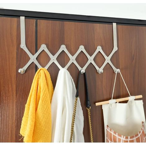 Patère Pliante, Crochet de Porte en Acier Inoxydable Brillant Argenté avec 6 PatèRes RéTractables, Longueur RéTractable Jusqu'à 65CM Sans PerçAge, Convient pour Chambre Cuisine Salle de Bain (1/5)