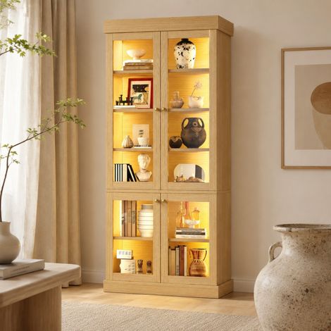 LED-Vitrine mit Glastüren, naturfarben, OKMYHOME (1/5)