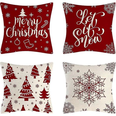 Lot de 4 housses de coussin rouges de Noël, 45 x 45 cm, housse de coussin décorative de Noël, style champêtre (rouge) (1/5)