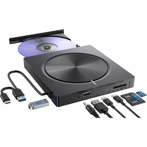 Lecteur CD DVD Externe pour PC, USB 3.0 et Type-C Graveur DVD Externe avec 2USB-A 2USB-C et Fente SD/TF, Optique Portable CD DVD -/+RW Drive pour Windows/MacOS/Laptop/Desktop (1/5)