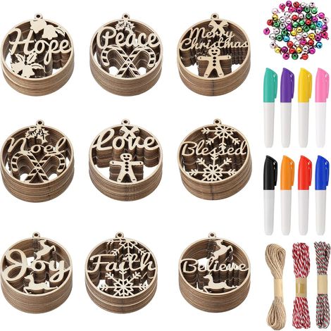 Ornements en bois de Noël non finis, ornements suspendus en bois artisanaux DIY aux lettres creuses, découpes décoratives pour sapin de Noël avec 8 stylos et 45 clochettes, 9 styles (1/4)