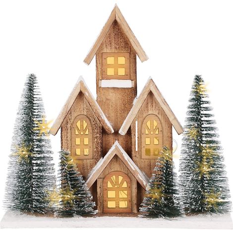 LED Holz Häuserzeile Weihnachtsdorf mit Timer - 32 x 30 cm - Weihnachts Tischdeko warm weiß beleuchtet Batterie betrieben - Advent Deko Holzhaus Aufsteller Weihnachts Stadt