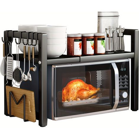 2 Tier Metal Microwave Oven Rack Shelf for Kitchen Tabletop with 6 Hooks,Black (1/5)