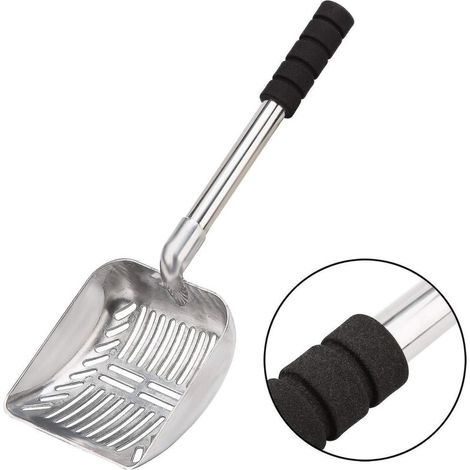 Metallene Katzenstreuschaufel mit tiefer Schaufel und langem, abnehmbarem Griff aus antihaftbeschichtetem Edelstahl. (1/4)