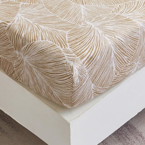 Drap Housse 160x200 cm 2 Personnes avec Grand Bonnet de 30 cm - Drap-Housse Microfibre Doux à Motif Feuilles Tropicales - Beige (1/5)