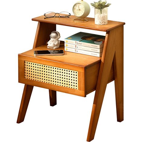 Table de Chevet, Table de Nuit avec tiroirs, décorés à la main en rotin Table d'Appoint, Meuble de Rangement pour Chambre, Facile à Monter 43 x 32 x 51cm - Marron (1/5)