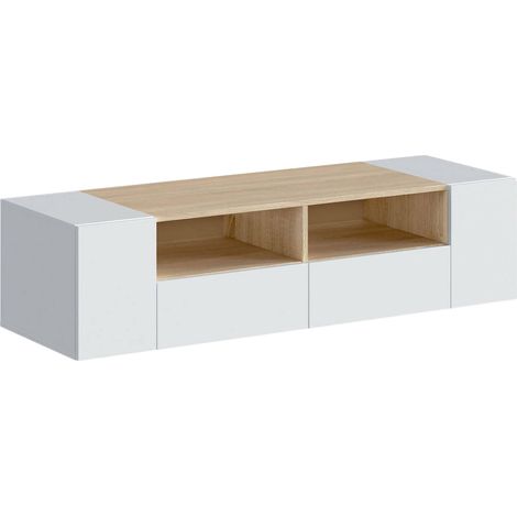 TV-Ständer Topeka, Wohnzimmer TV-Sideboard, Moderner Fernsehständer, Niedriges Mehrzweck-Sideboard, cm 138x42h36, Weiß und Eiche (1/5)