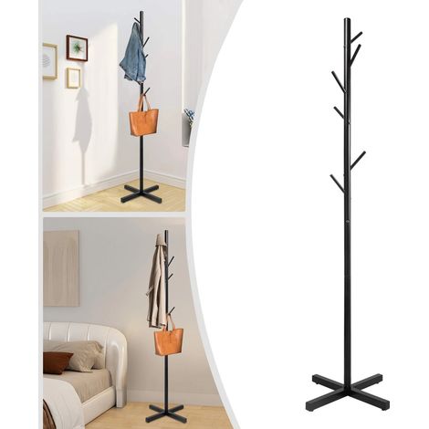 Moderner Metall-Garderobenständer Freistehend 7 Haken Flur Baum in Ecke, Hutbügel & Garderobenständer Ständer Eingangsbereich Organisator für Kleidung Taschen Regenschirm (Schwarz)
