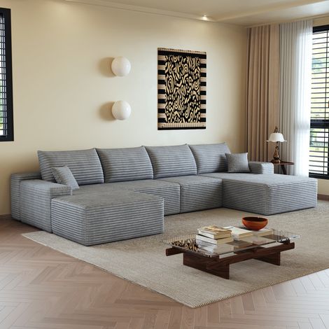 Divano angolare modulare a 4 posti con pouf removibile in velluto a coste, comprimibile, non richiede montaggio, stile moderno, 340x175x83 cm, grigio (1/5)