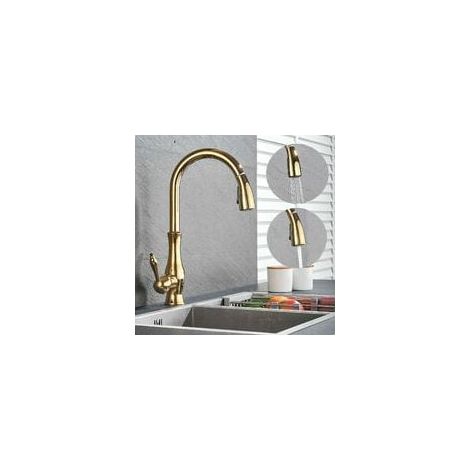 Robinet Cuisine avec Douchette dore Laiton,Extensible Robinetterie évier 360° Pivotant Ressort en Spirale Mitigeur Cuisine Avec 2 Modes, Mitigeur Monocommande Evier Froide et Chaud DisponibleAec (1/4)
