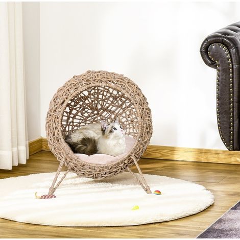 Cuccia per gatto 52x52x58 cm in rattan marrone con cuscino, stabile – MEUBLIV (1/5)